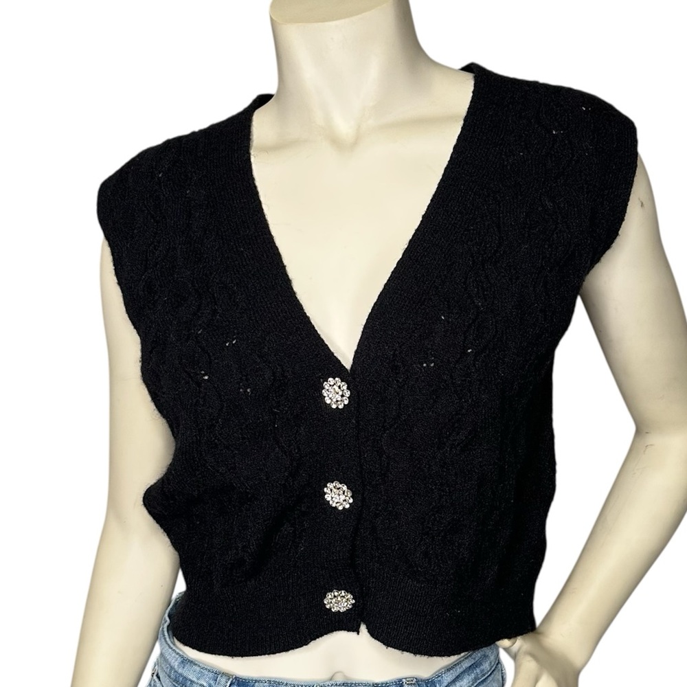 Sz M Papaya Black Sleeveless Knit Cardigan with Button Detail